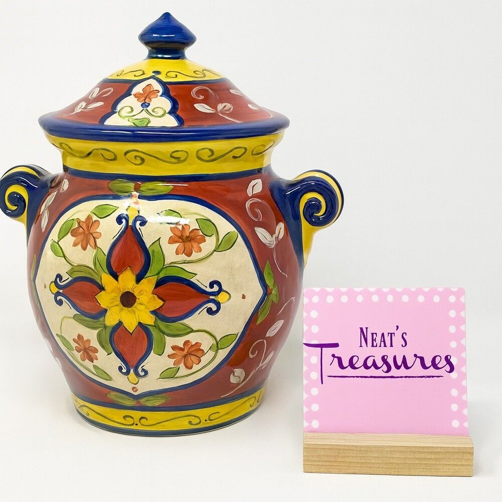 Pier 1 One VALLARTA Hand Painted  Floral Earthenware Large Lidded Cookie Jar